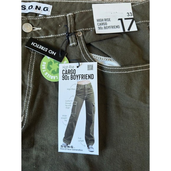 High Rise Cargo 90s Boyfriend Slouchy Baggy Jeans Wide Leg Army Green Size 17/33 - Picture 7 of 16